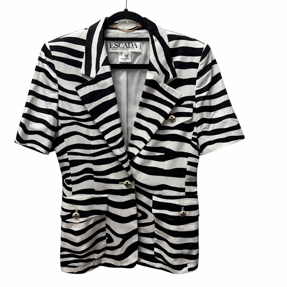Vintage Escada Margaretha Ley Black White Zebra Print Short Sleeve Jacket US 8 - Picture 1 of 13